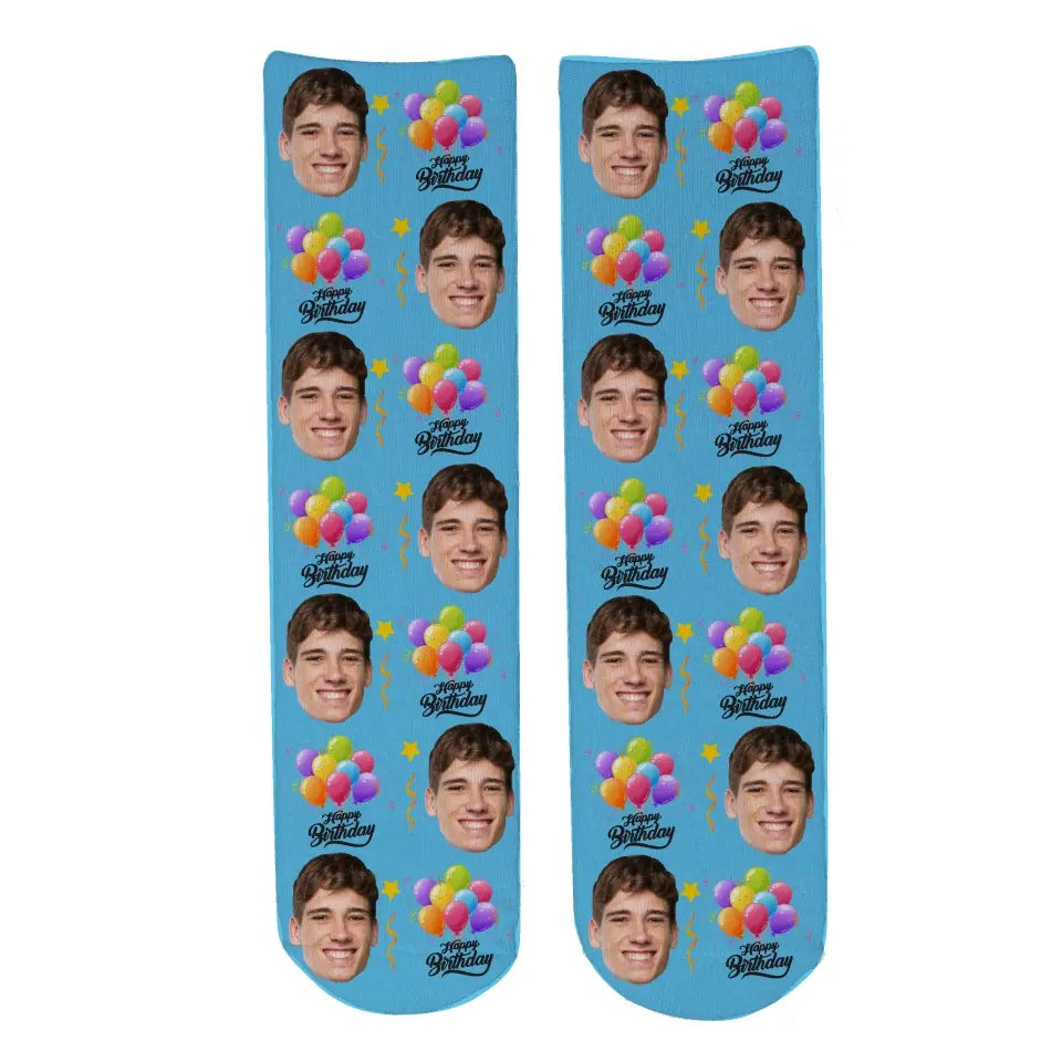Personalised Face Socks - Happy Birthday Blue (367HPBalloons)