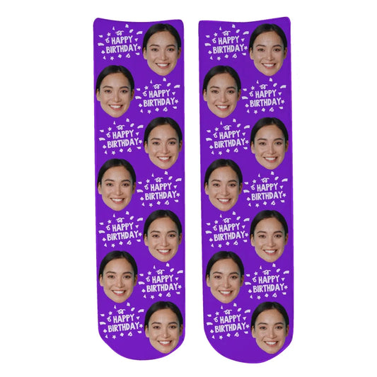 Personalised Face Socks - Happy Birthday Purple