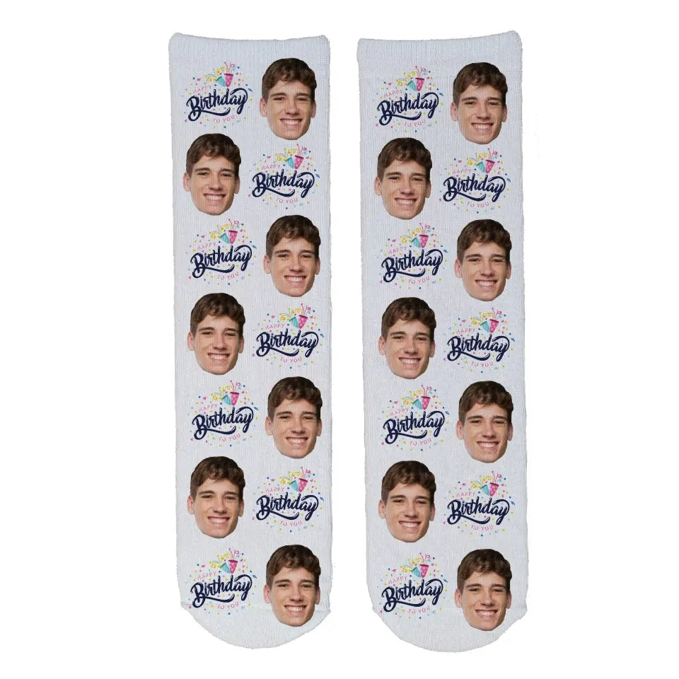 Personalised Face Socks - Happy Birthday White (BDay_Celebration08)