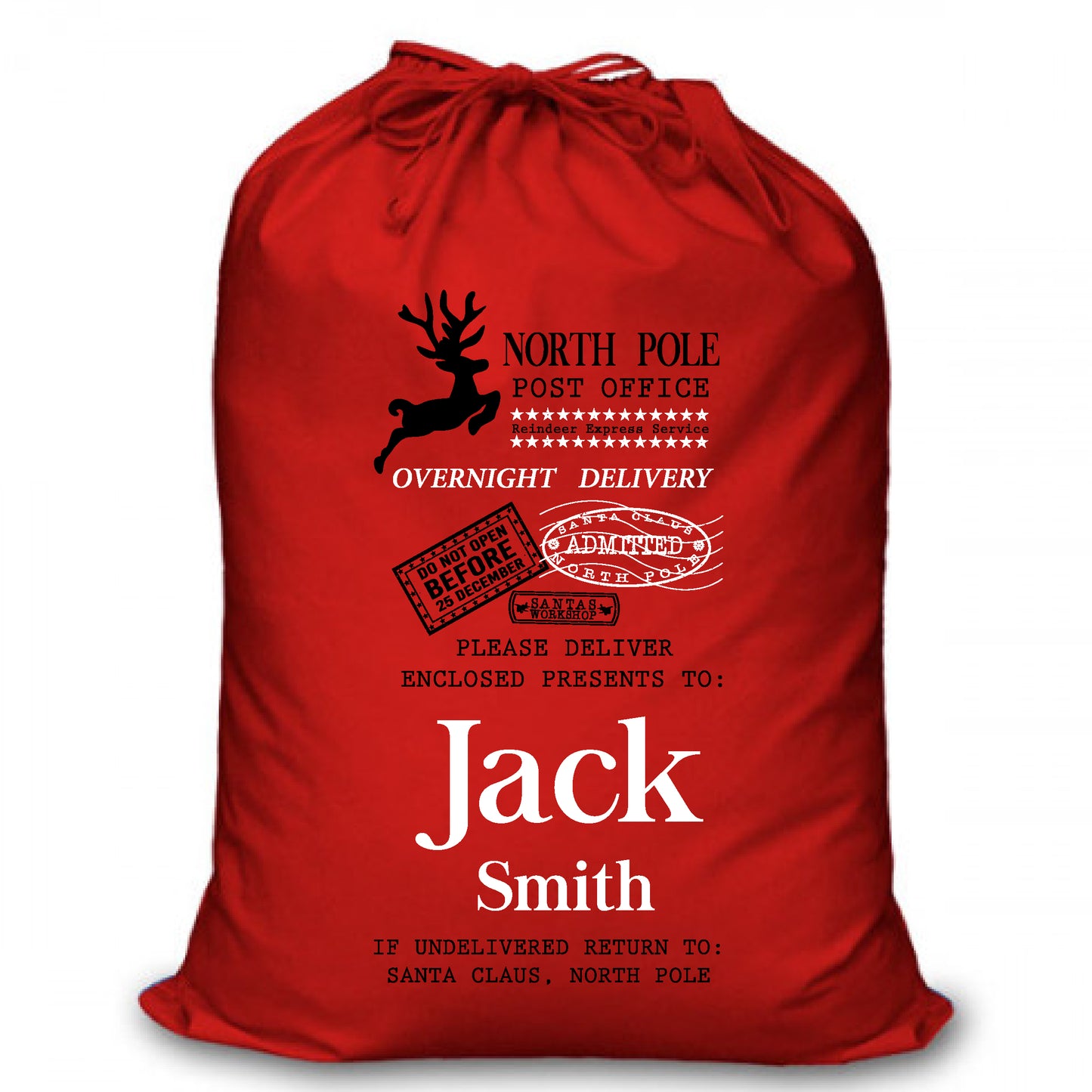 Personalised Red Christmas Santa Sack - North Pole Reindeer Express (RNP)