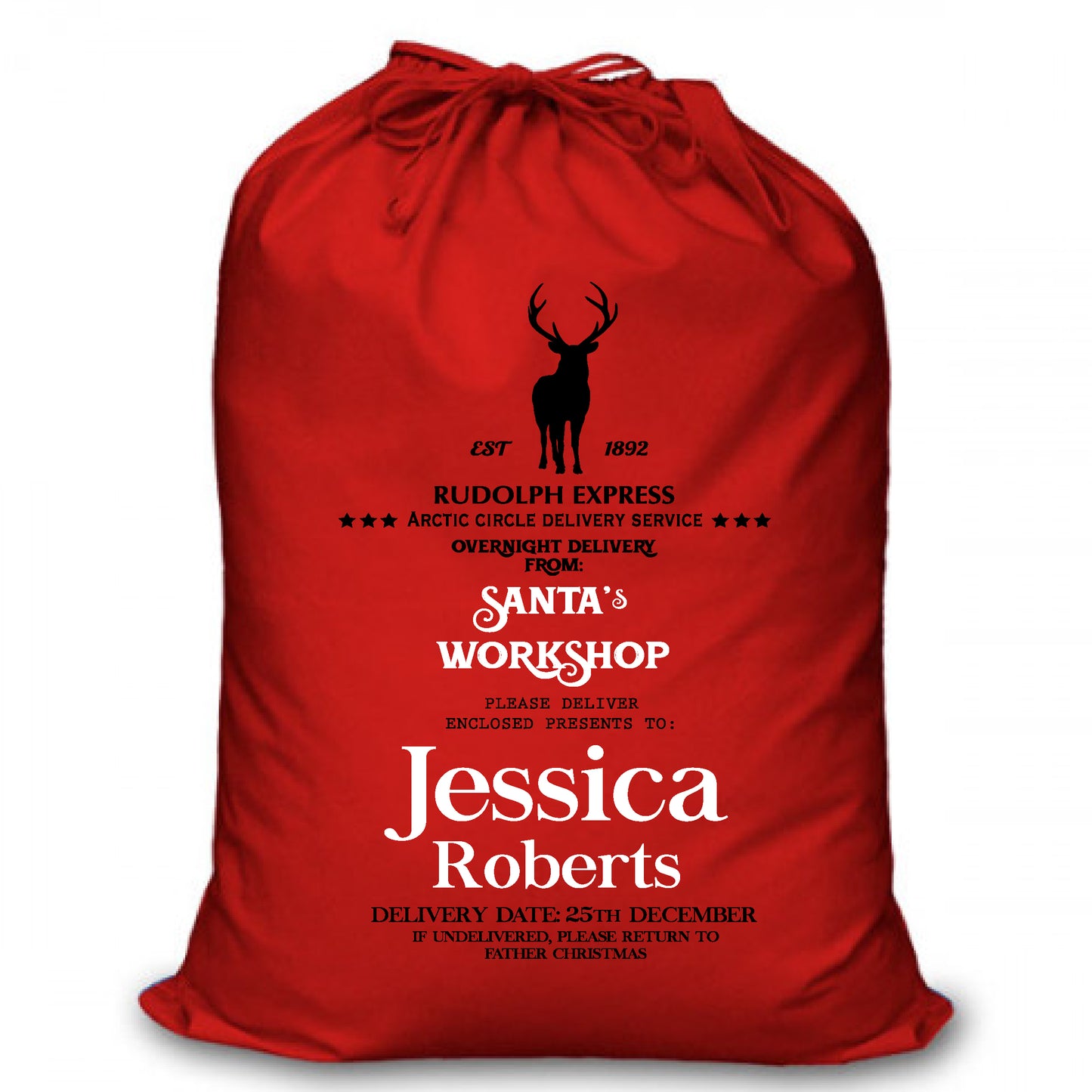 Personalised Red Christmas Santa Sack - Rudolph Express (RRE)