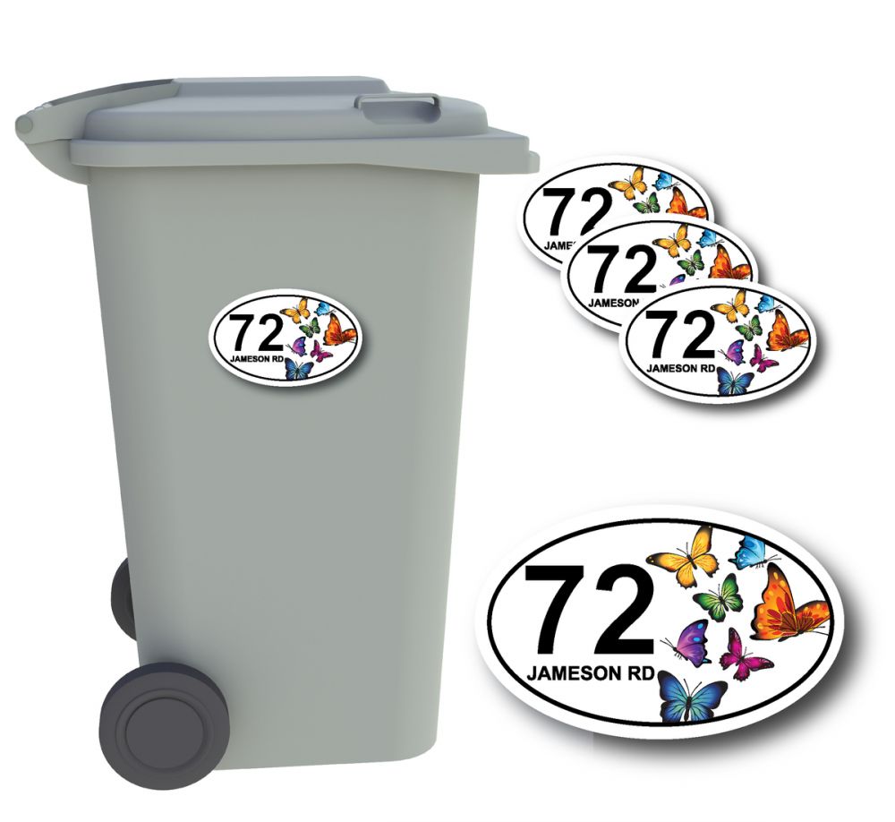 x4 Personalised Number & Street Name Wheelie Bin Stickers (Butterflies)