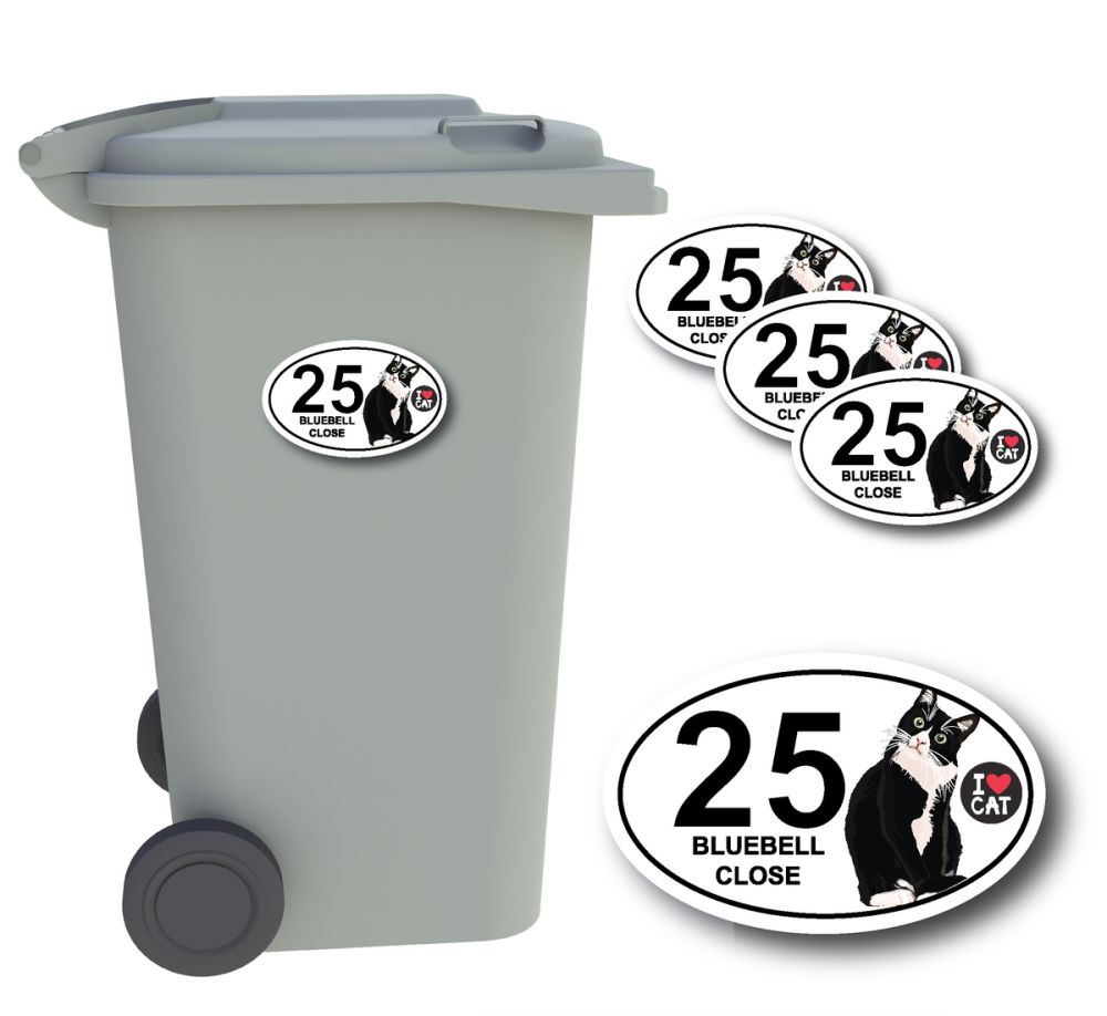 x4 Personalised Number & Street Name Wheelie Bin Stickers (Cat)