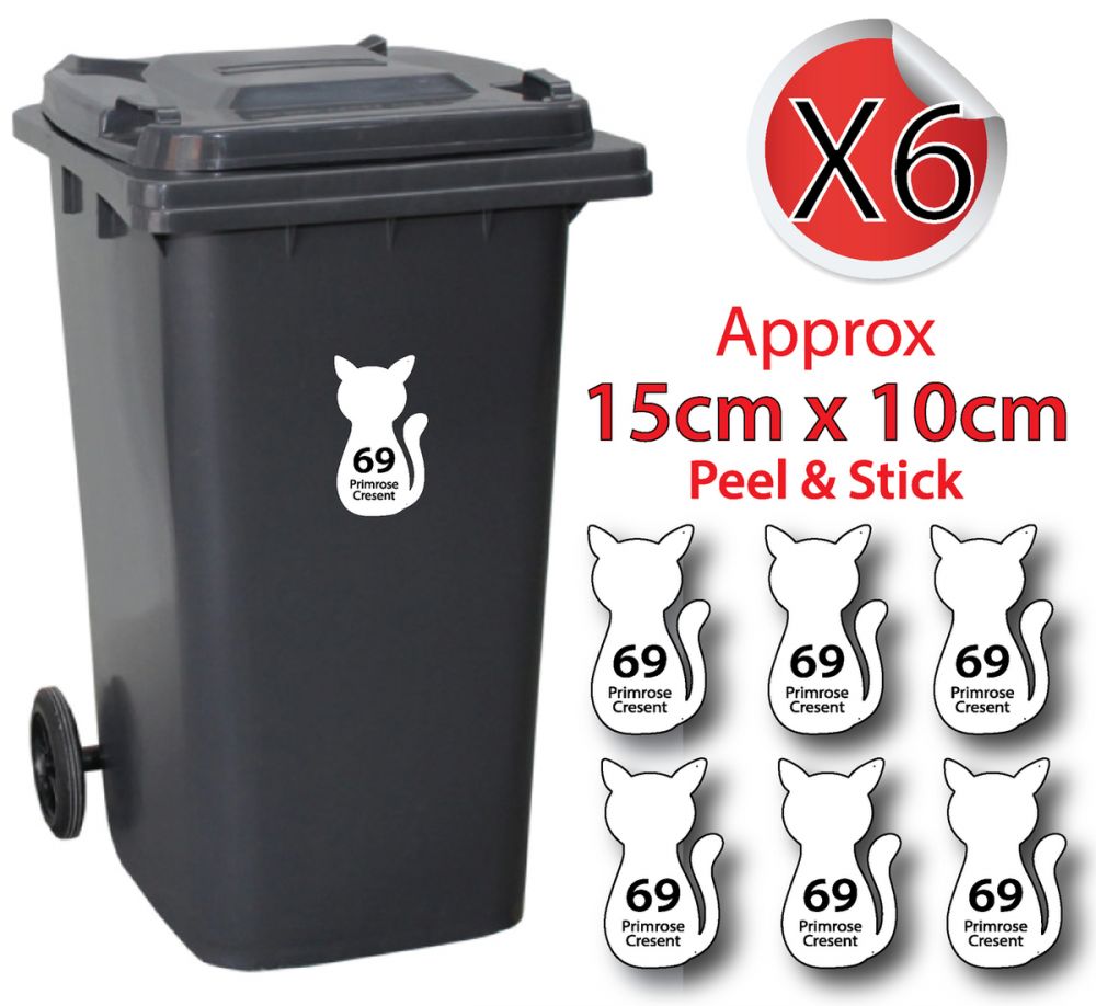x6 Personalised House Number & Street Name Wheelie Bin Stickers (Cat Sitting)