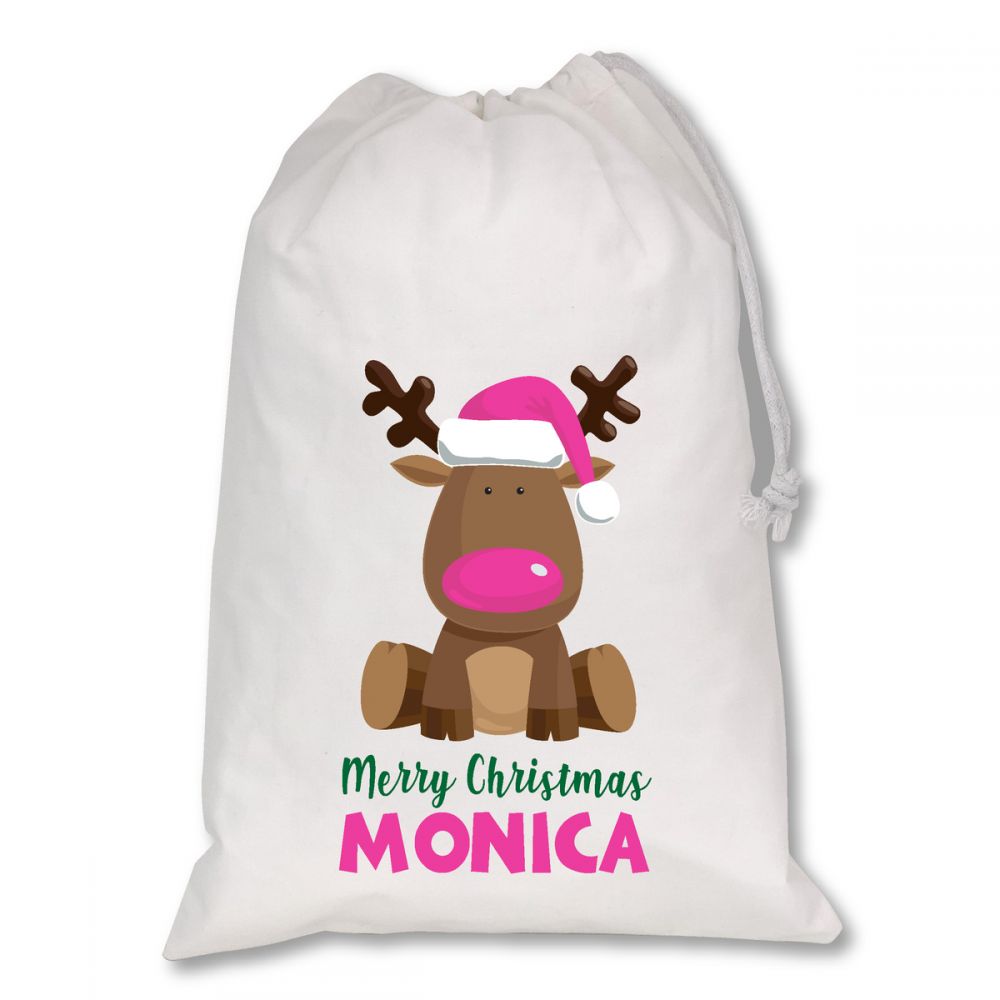 Personalised White Christmas Sacks - Reindeer Dark Pink
