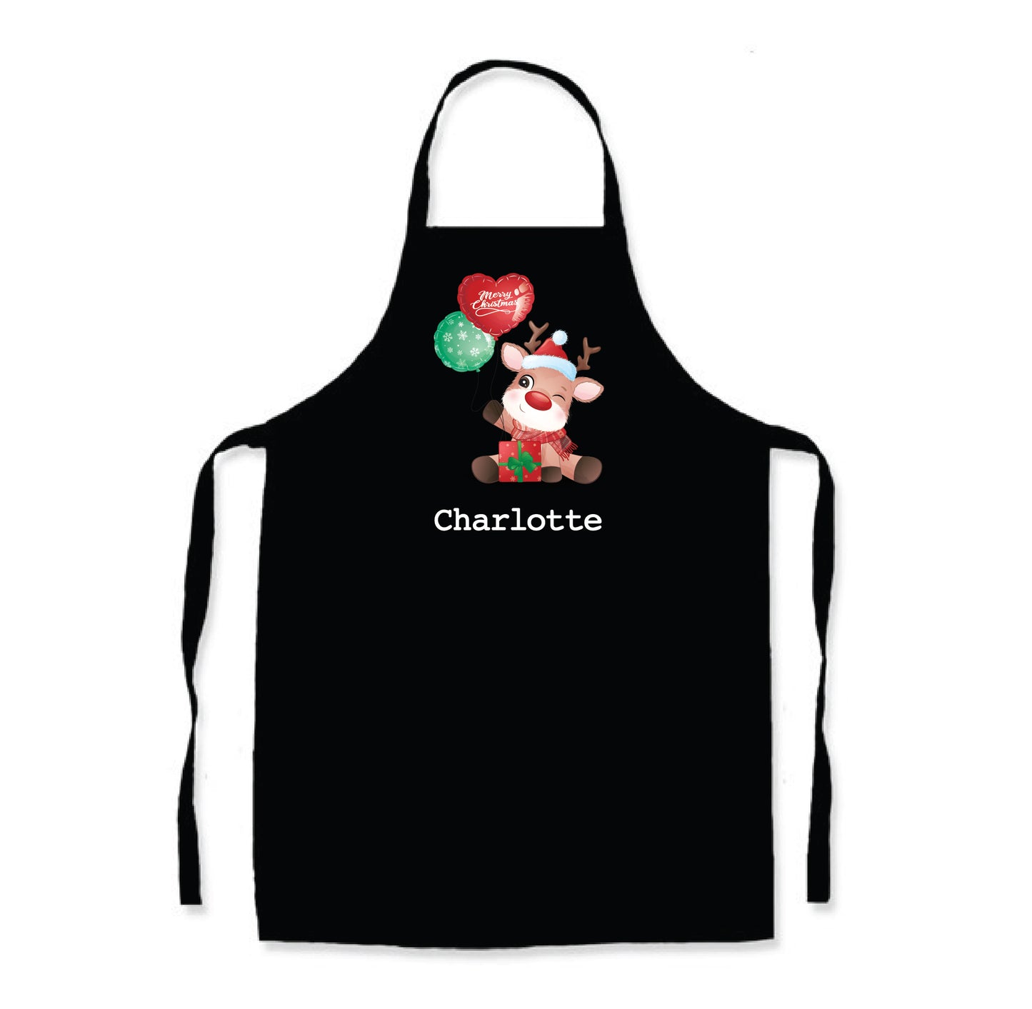 Personalised Black Christmas Name Apron - Cute Reindeer
