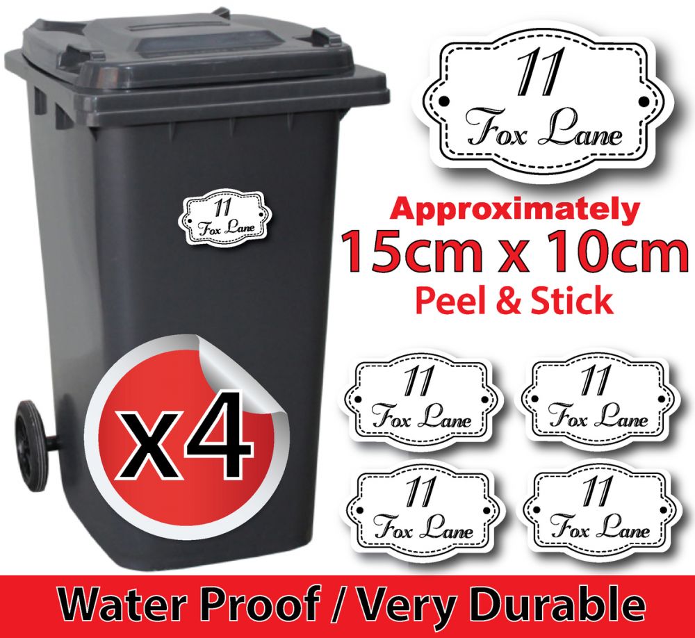 x4 Personalised Number & Street Name Wheelie Bin Stickers (Vintage dot0023)