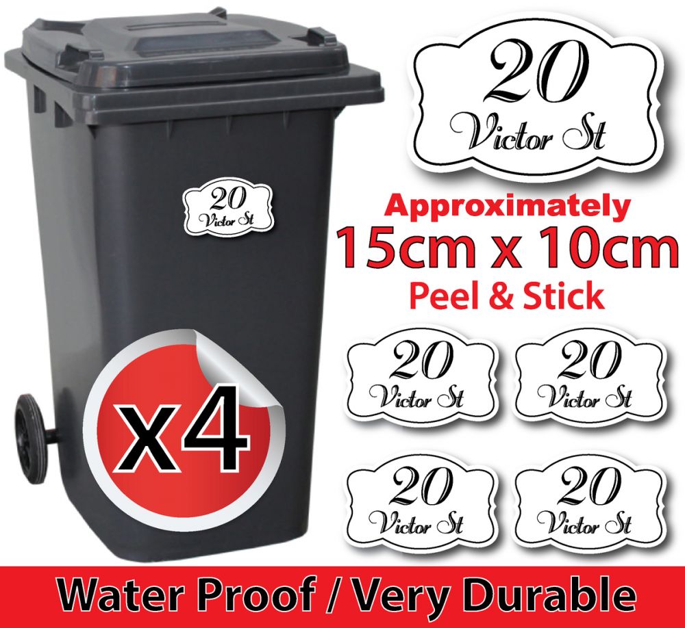 x4 Personalised Number & Street Name Wheelie Bin Stickers (Vintage Flo56)