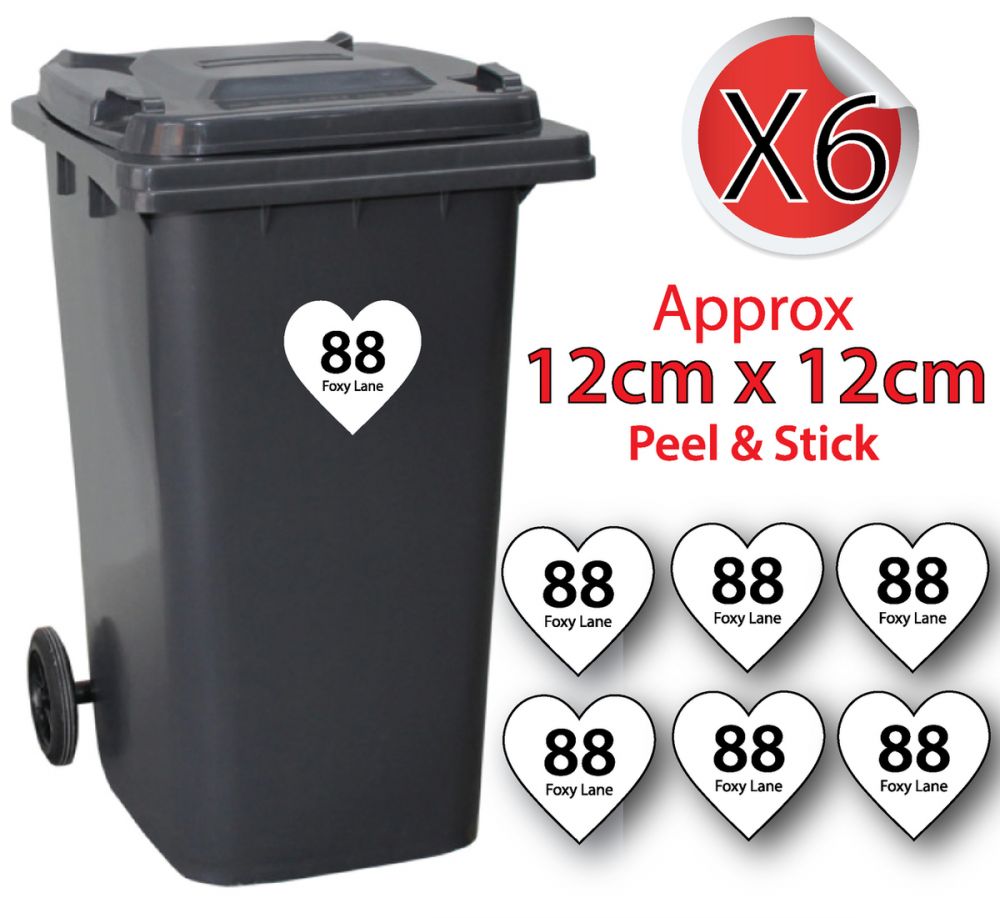 x6 Personalised House Number & Street Name Wheelie Bin Stickers (Heart)