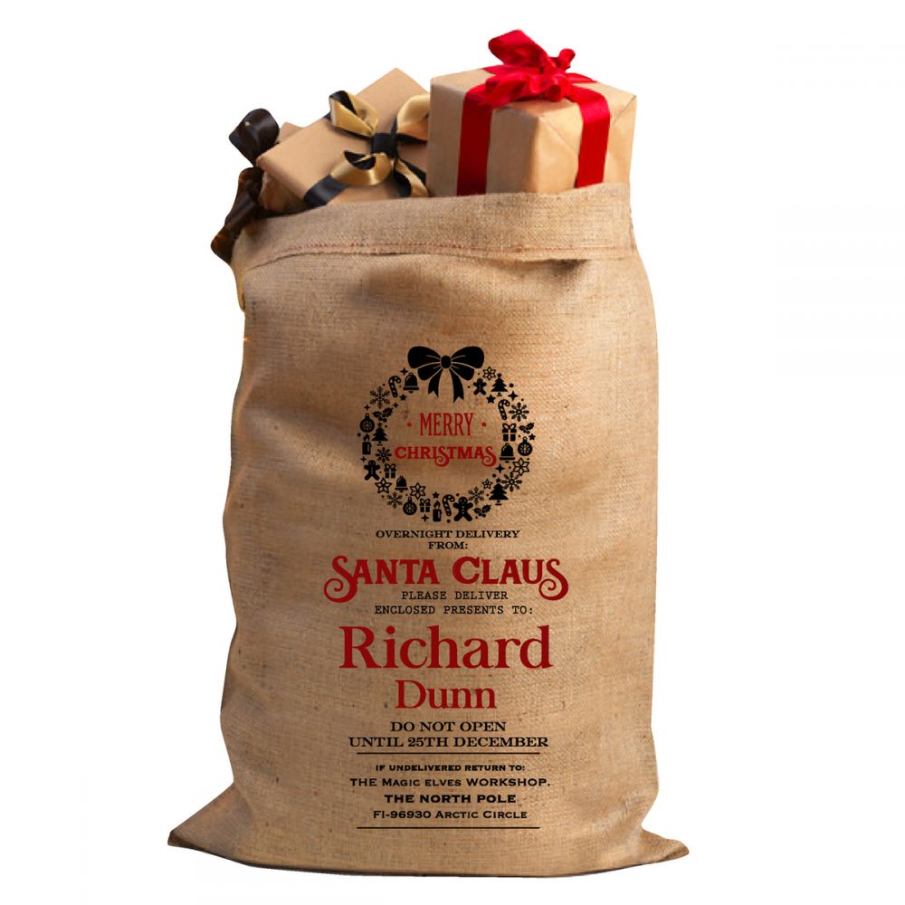 Personalised Christmas Hessian Sack - Wreath