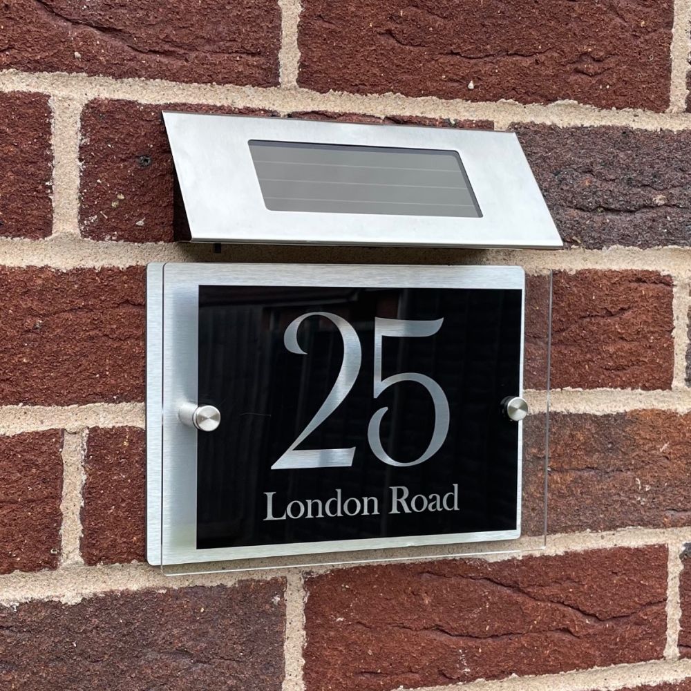 Personalised Acrylic Metal Door Sign with Solar Light (Black_Modern_0035)