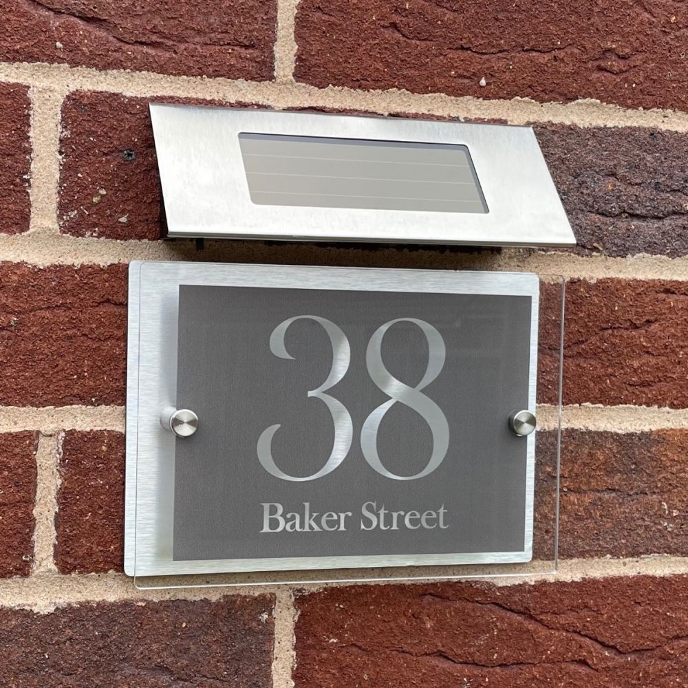 Personalised Acrylic Metal Door Sign with Solar Light (Grey_Modern_0042)