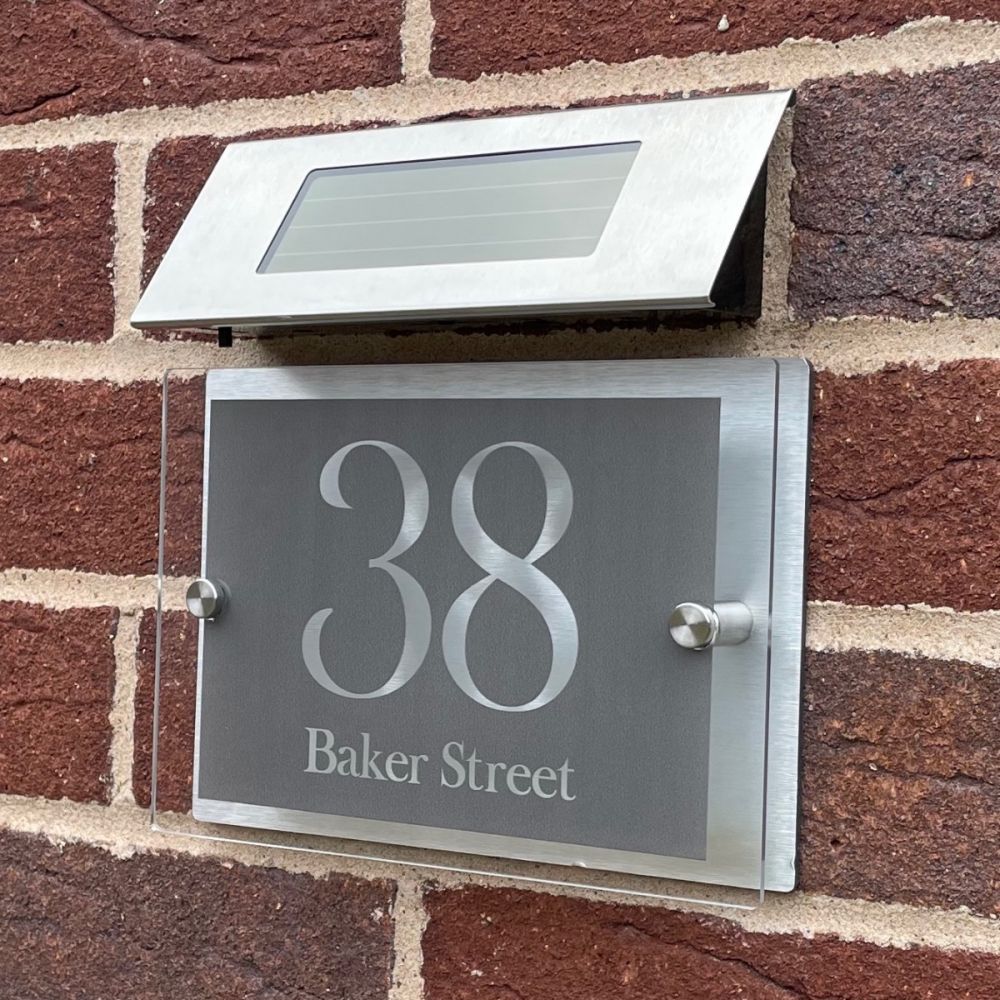 Personalised Acrylic Metal Door Sign with Solar Light (Grey_Modern_0042)