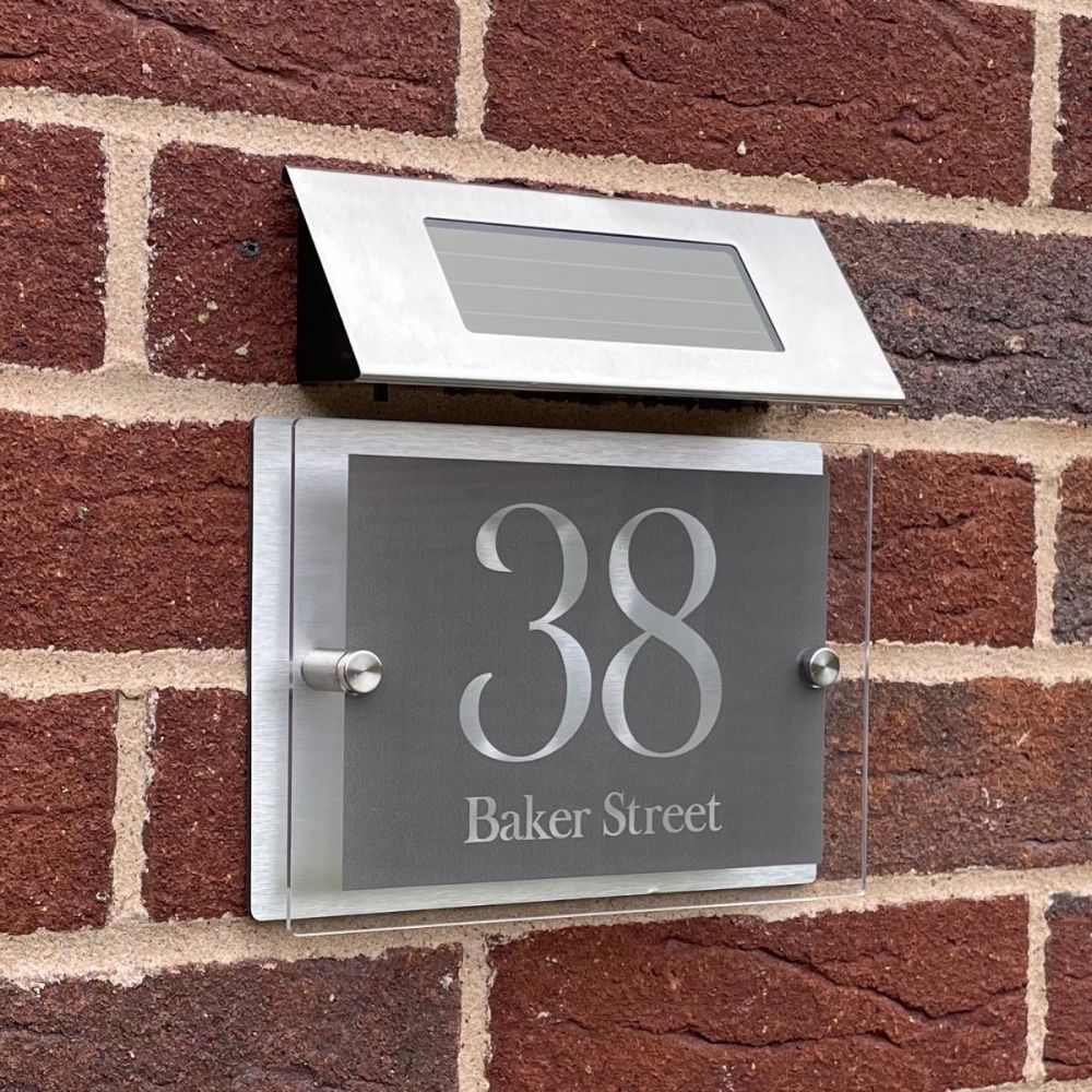 Personalised Acrylic Metal Door Sign with Solar Light (Grey_Modern_0042)