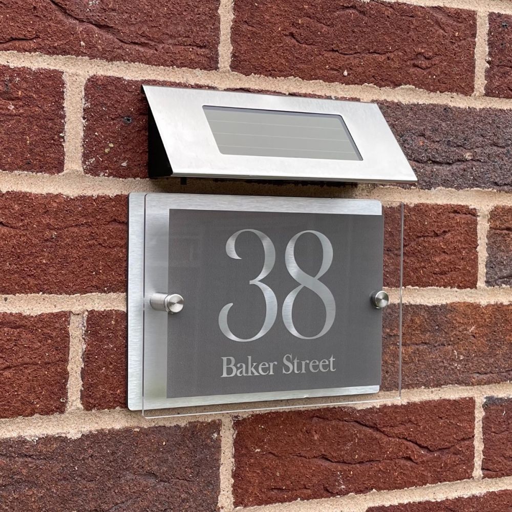 Personalised Acrylic Metal Door Sign with Solar Light (Grey_Modern_0042)