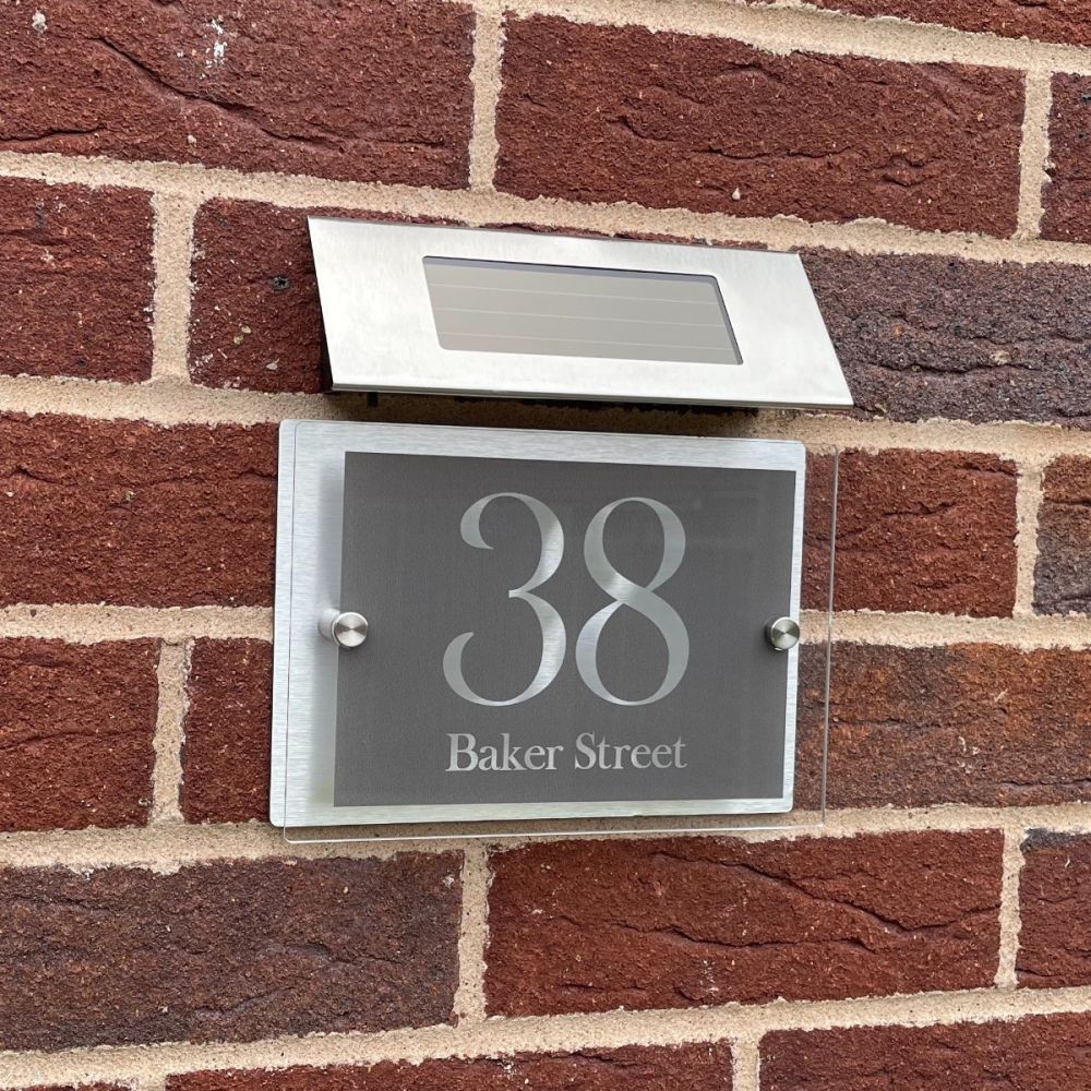 Personalised Acrylic Metal Door Sign with Solar Light (Grey_Modern_0042)