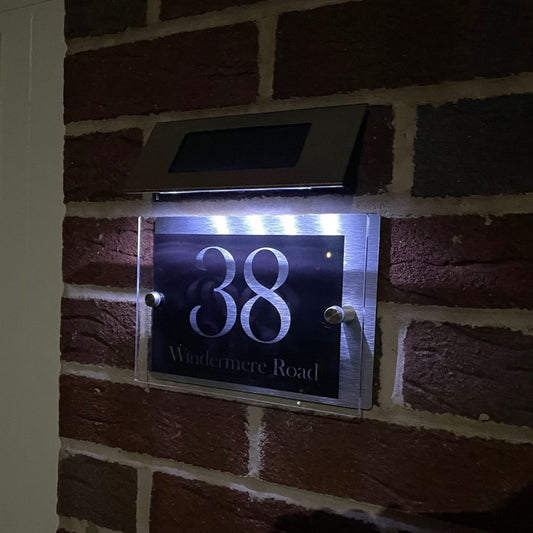 Personalised Acrylic & Metal Door Sign - Modern Black with Solar Light