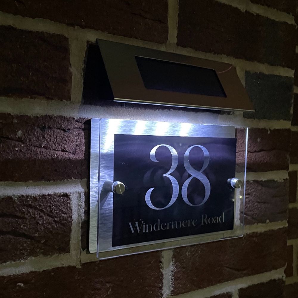 Personalised Acrylic & Metal Door Sign - Modern Black with Solar Light