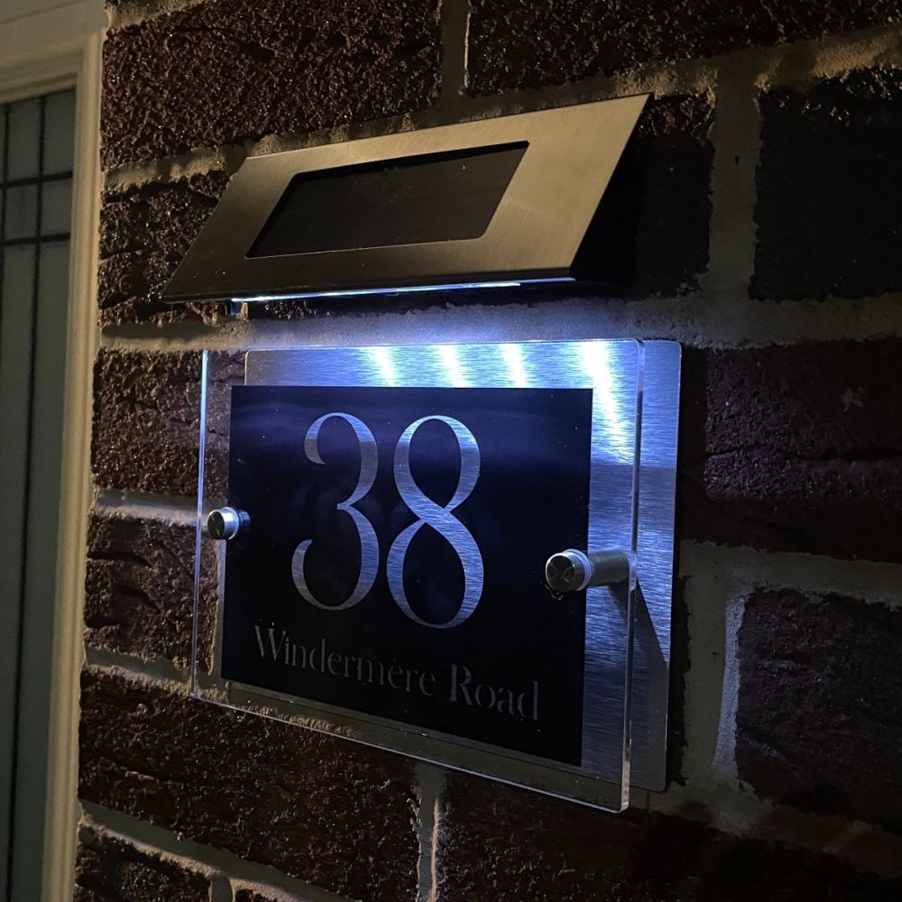 Personalised Acrylic & Metal Door Sign - Modern Black with Solar Light