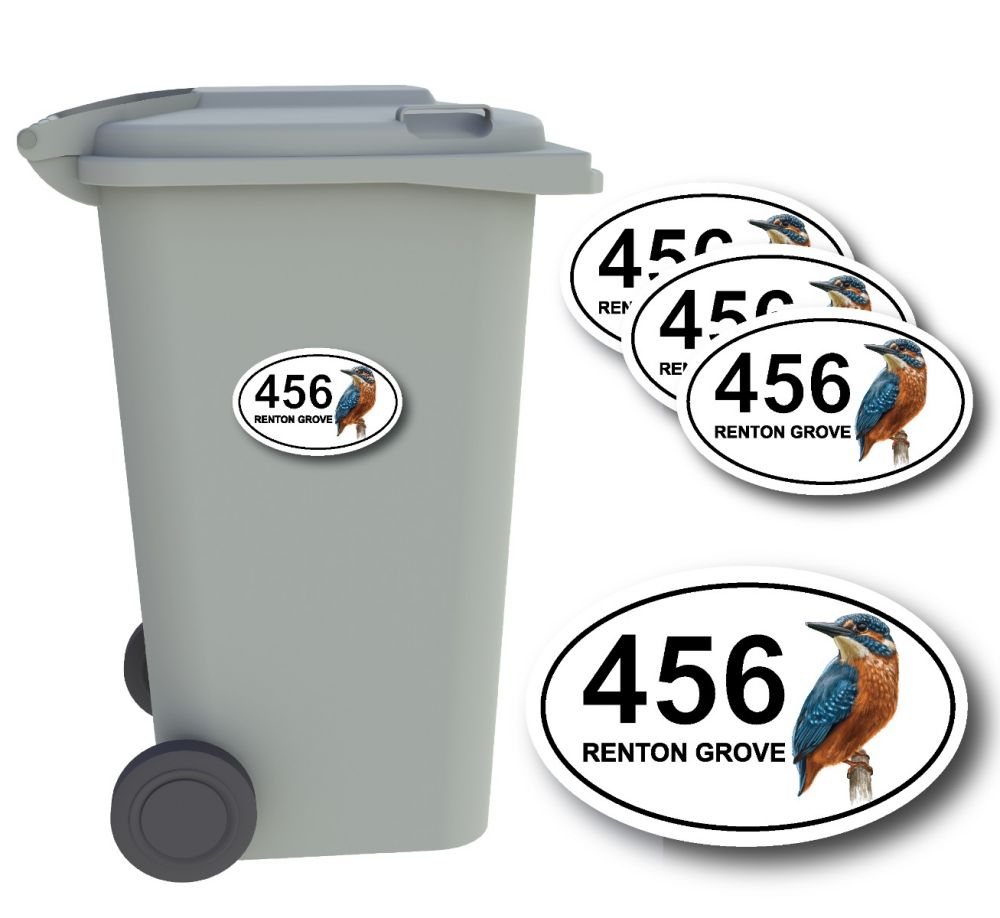 x4 Personalised Number & Street Name Wheelie Bin Stickers (Kingfisher Bird)