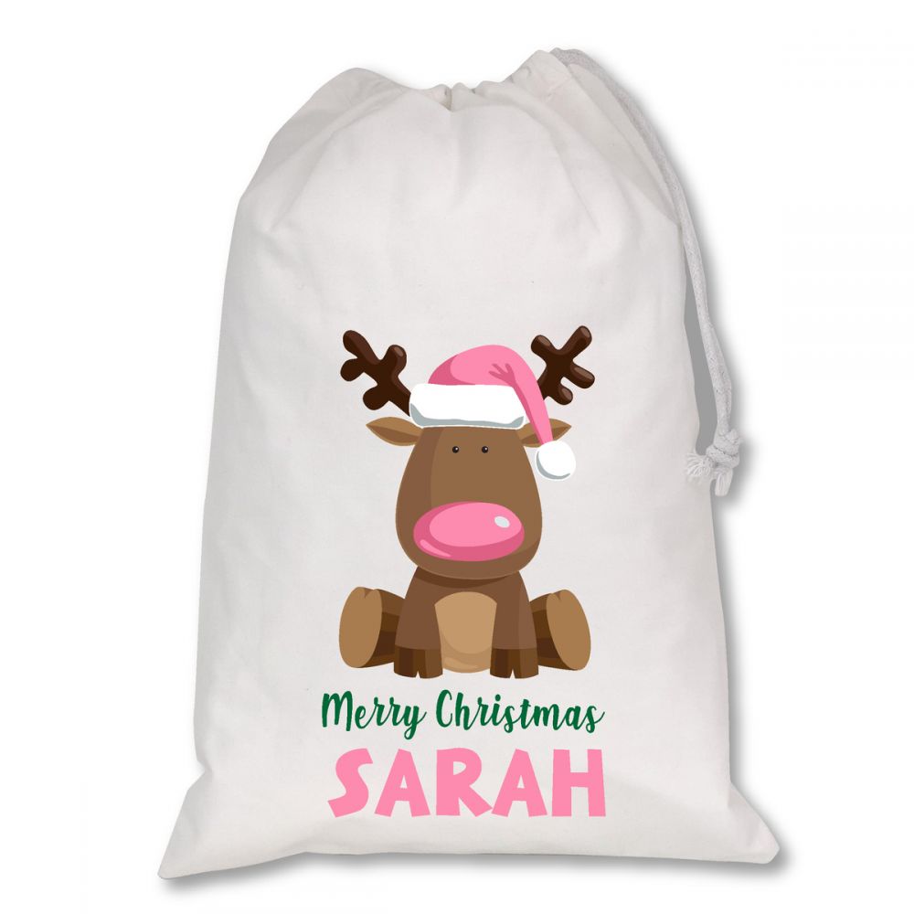 Personalised White Christmas Sacks - Reindeer Light Pink