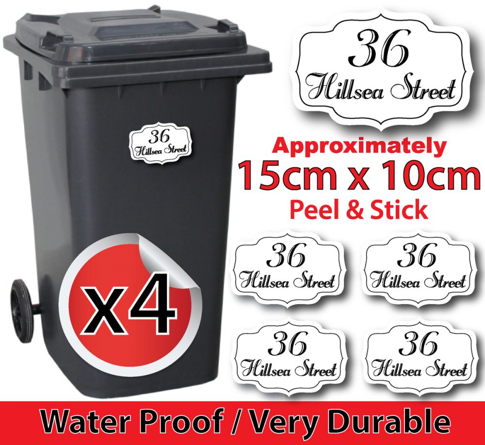 x4 Personalised Number & Street Name Wheelie Bin Stickers (Vintage PointC001)
