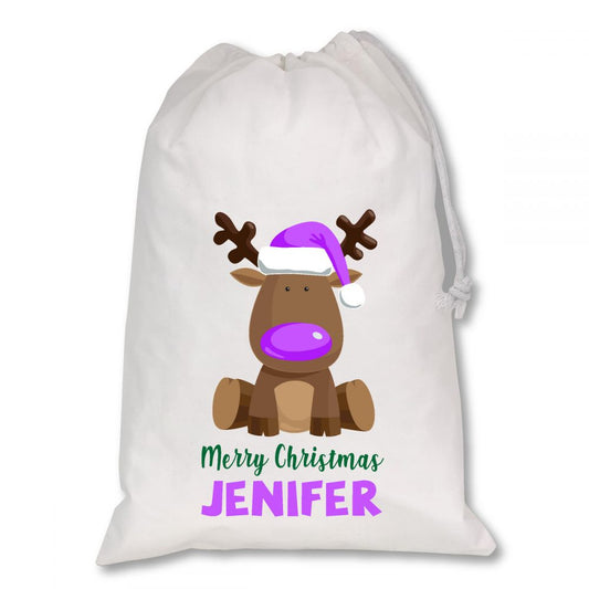 Personalised White Christmas Sacks - Reindeer Purple