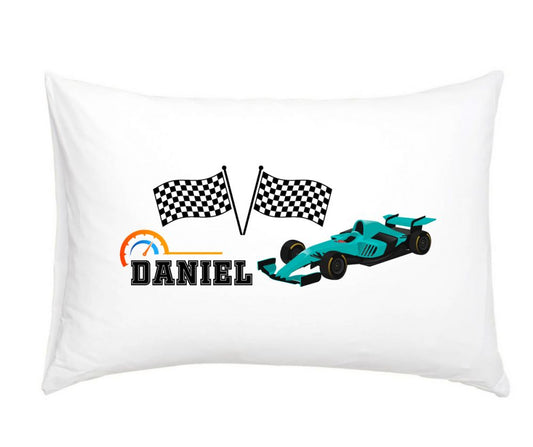 Racing Car Turquoise - Personalised Pillow Case