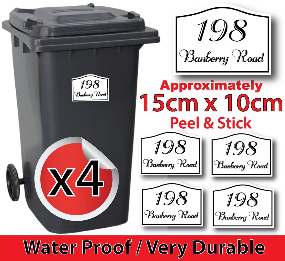 x4 Personalised Number & Street Name Wheelie Bin Stickers (Vintage rect top curve)