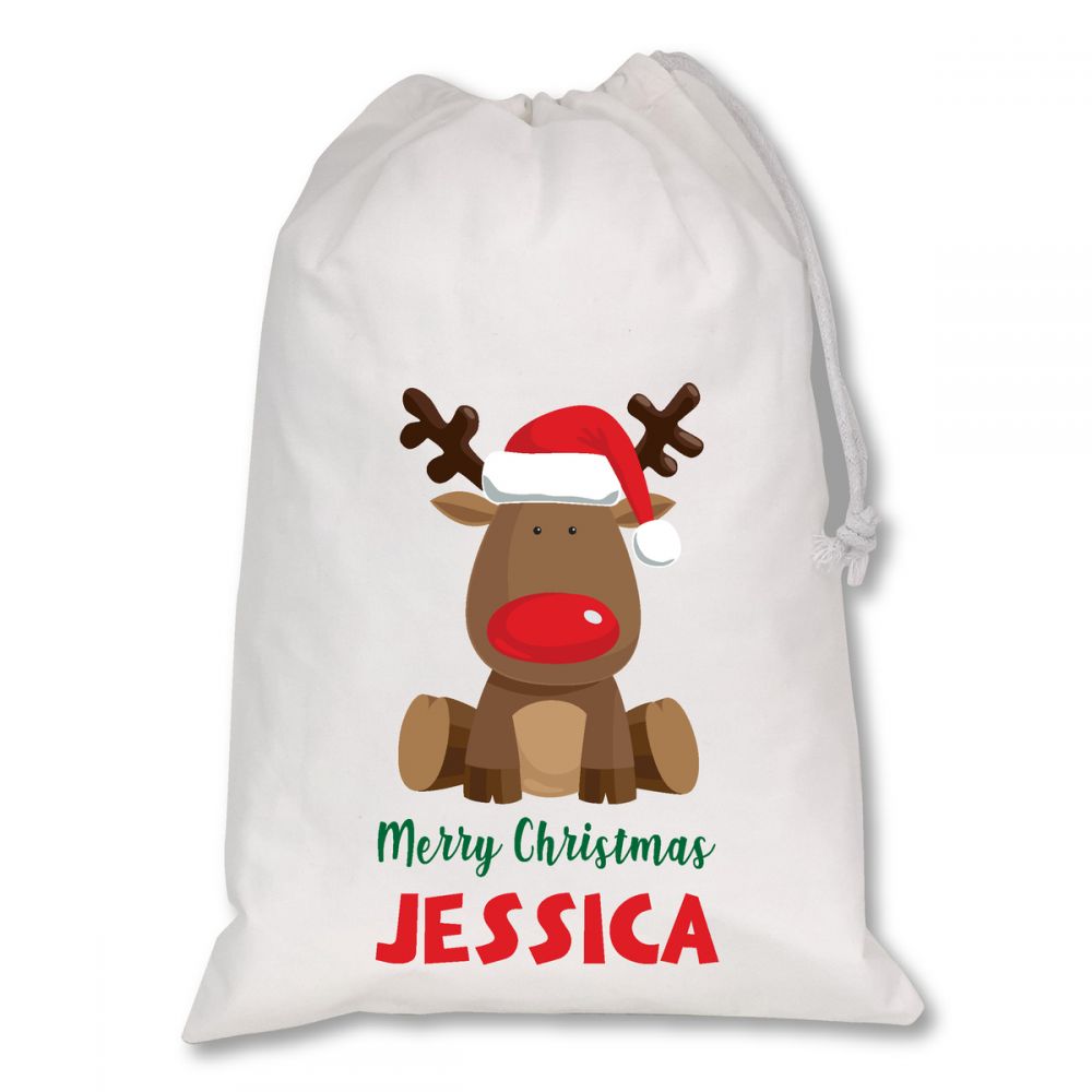 Personalised White Christmas Sacks - Reindeer Red