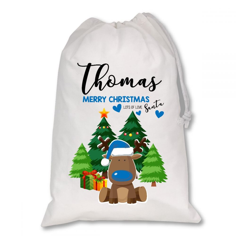 Personalised White Christmas Sacks Blue Reindeer (RD_TTRE