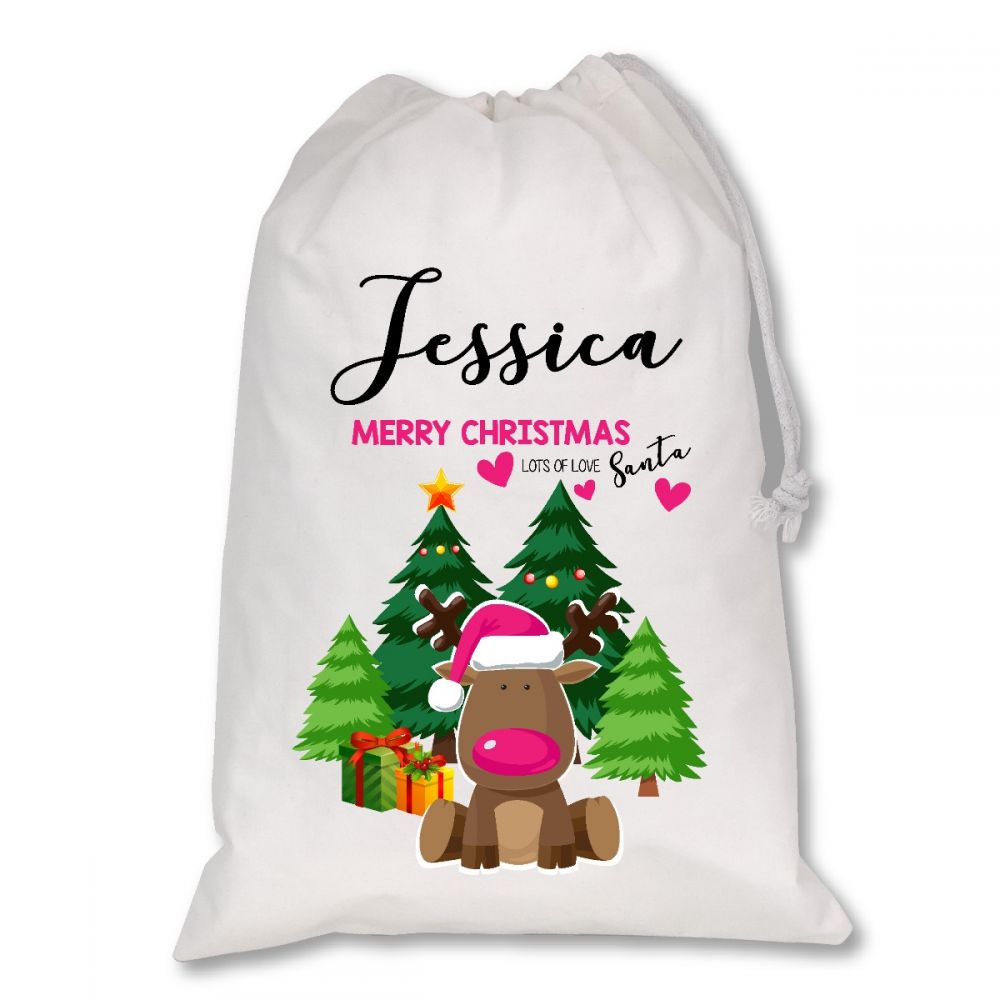 Personalised White Christmas Sacks - Pink Reindeer (RD_TTRE)