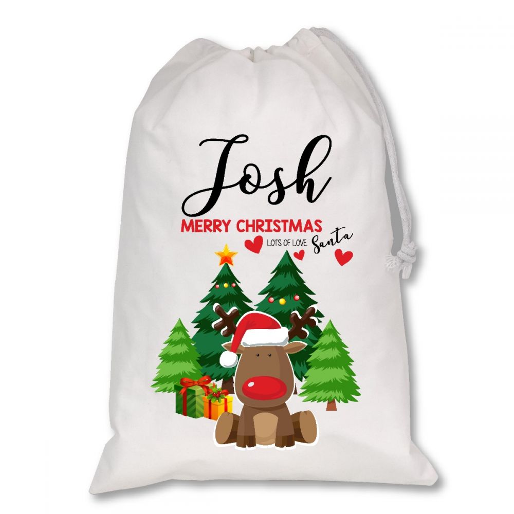 Personalised White Christmas Sacks - Red Reindeer (RD_TTRE)