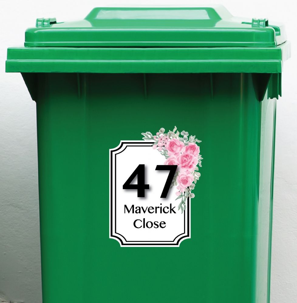 Pack of 4 - Personalised Wheelie Bin Stickers (Rect_Roses)