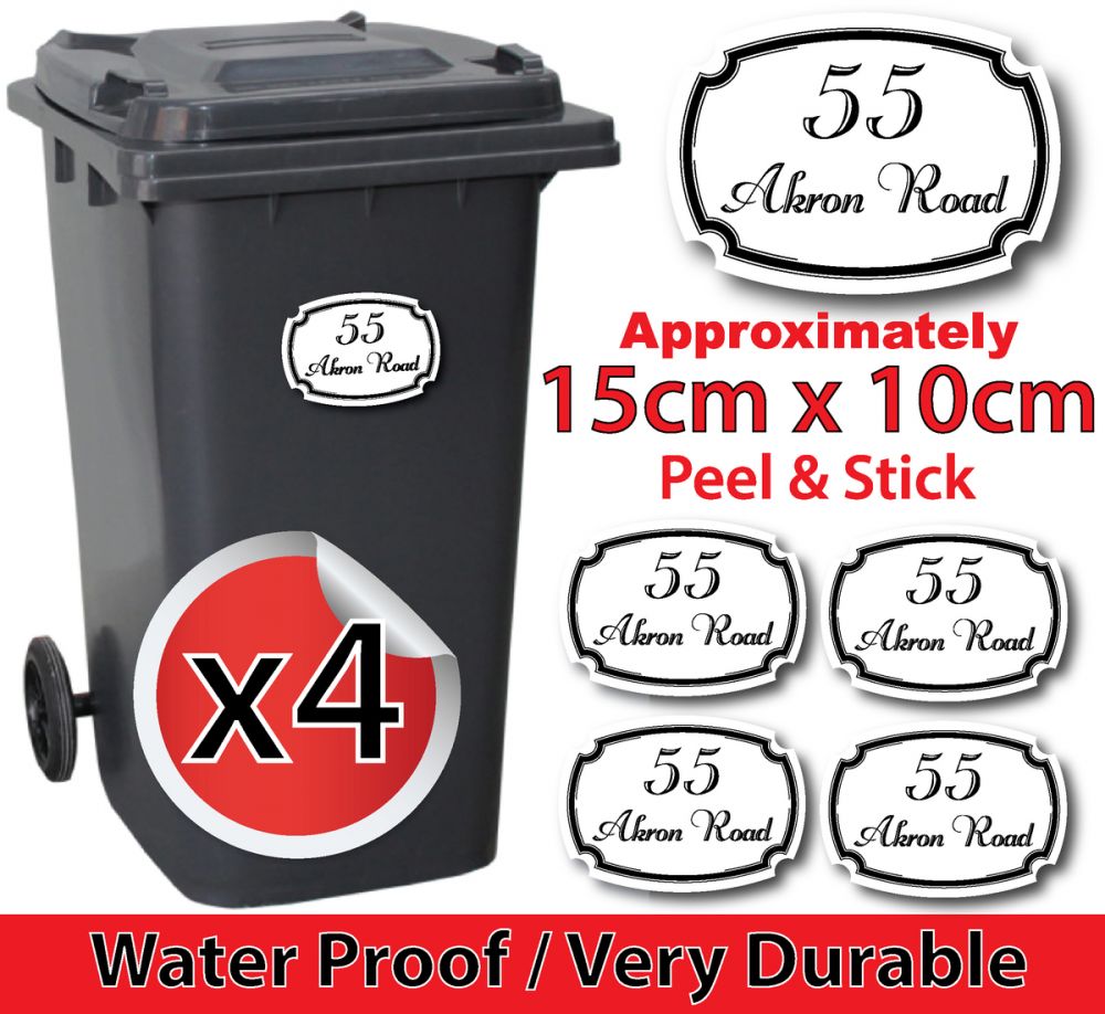 x4 Personalised Number & Street Name Wheelie Bin Stickers (Vintage S8932)