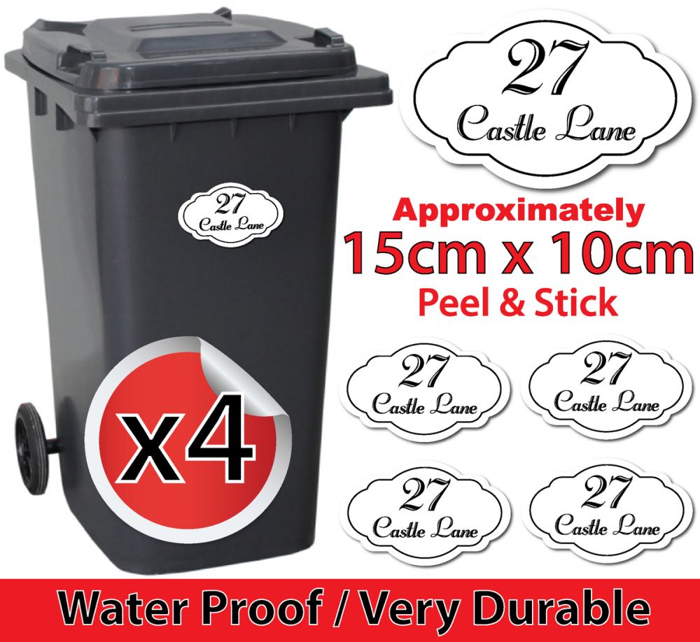 x4 Personalised Number & Street Name Wheelie Bin Stickers (Vintage S02)