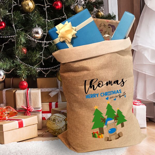 Personalised Christmas Hessian Sack - Boys Reindeer Blue