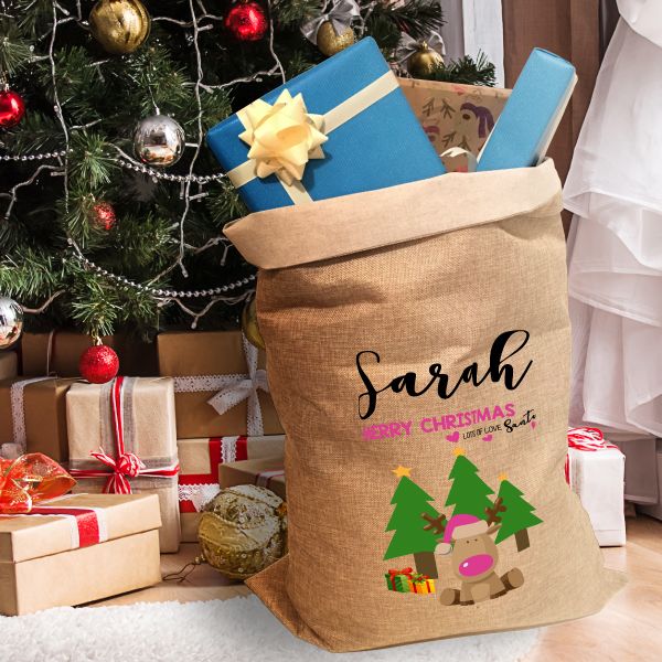 Personalised Christmas Hessian Sack - Girls Reindeer Pink