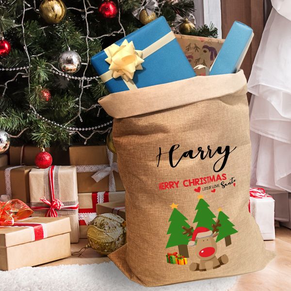 Personalised Christmas Hessian Sack - Kids Reindeer Red