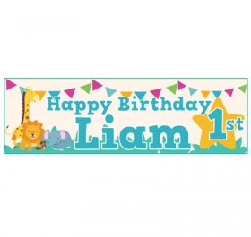 Giant Personalised Birthday Banner - Safari Animals Blue