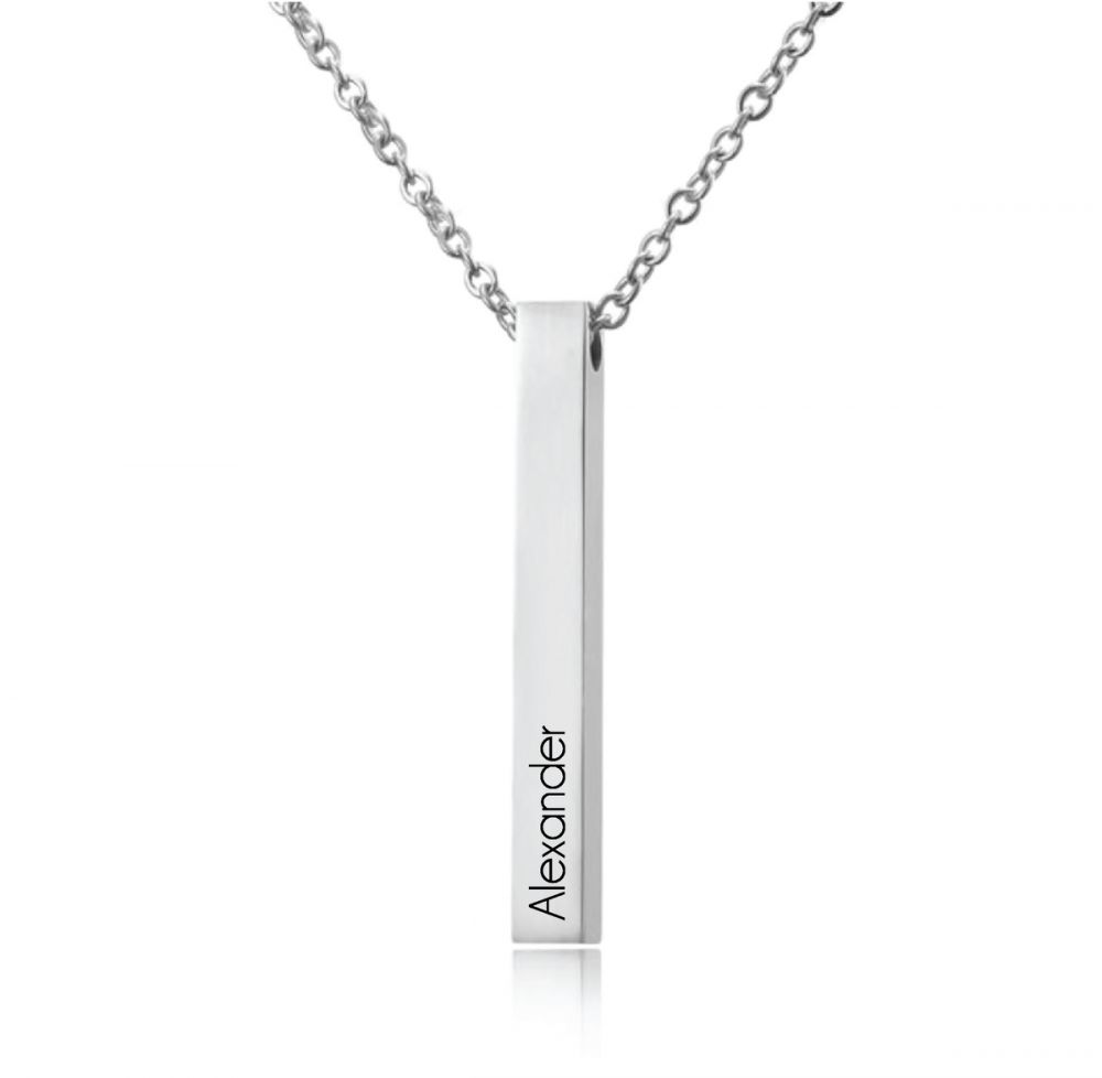 Personalised Name 3D Bar Necklace - Silver Coloured