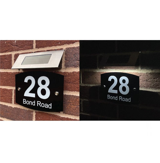 Personalised Black Acrylic Door Sign with Solar Light - Round Curve Shape (AR_FT)
