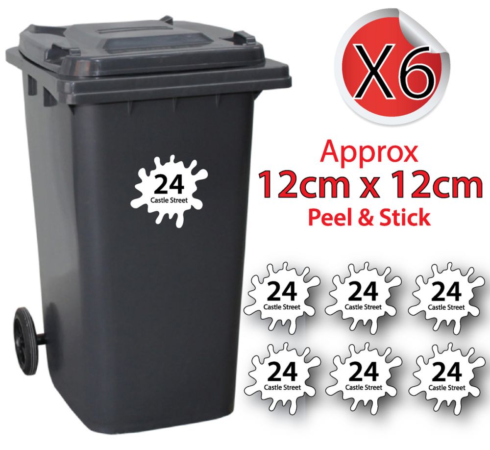x6 Personalised House Number & Street Name Wheelie Bin Stickers (Splash)