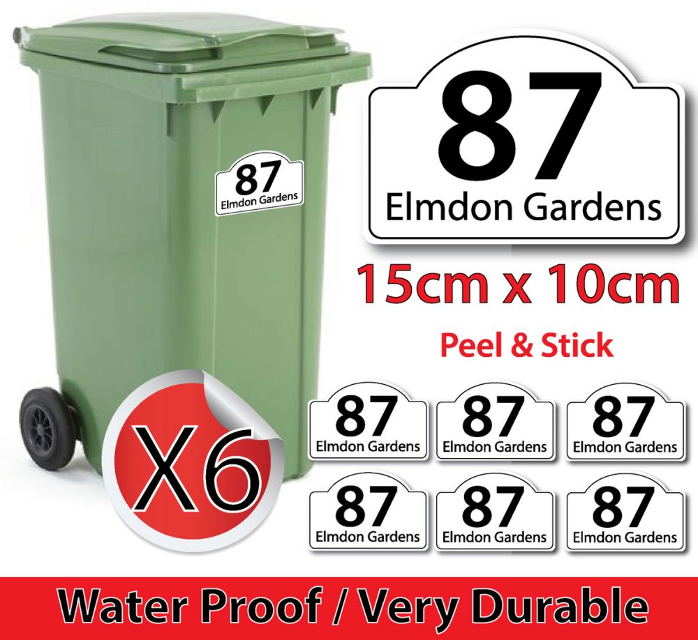 x6 Personalised House Number & Street Name Wheelie Bin Stickers (R001)
