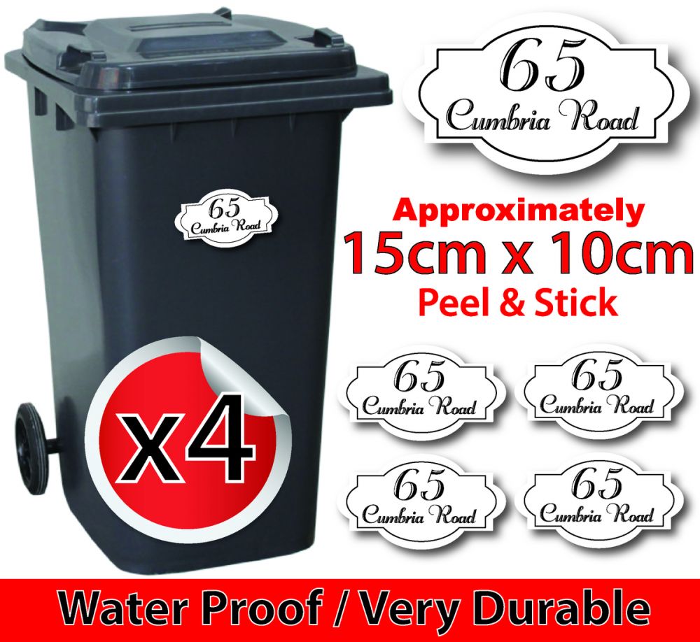 x4 Personalised Number & Street Name Wheelie Bin Stickers (Vintage 298)
