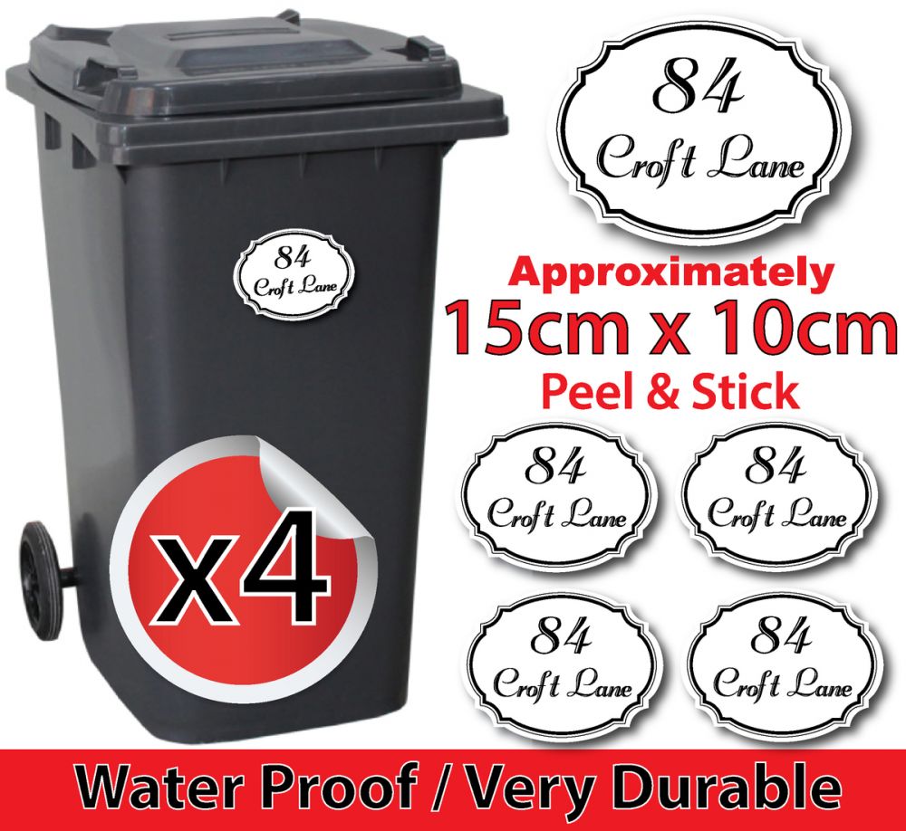 x4 Personalised Number & Street Name Wheelie Bin Stickers (Vintage Oval 0134)