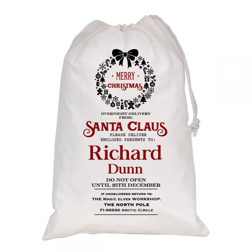 Personalised White Christmas Sacks - Wreaths