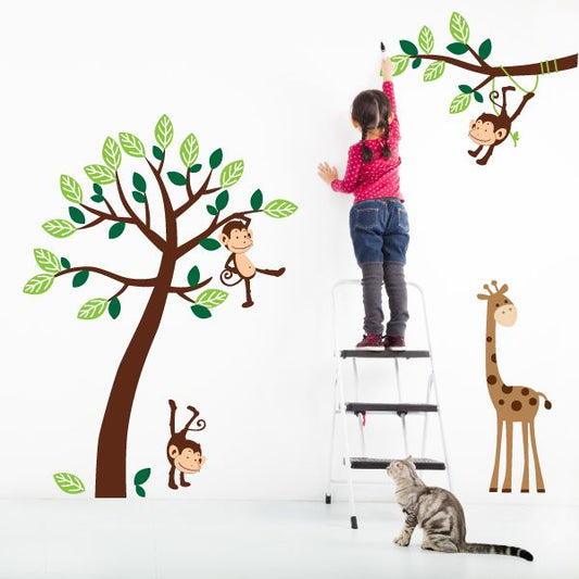 Kids Wall Stickers - Monkey and Giraffe Tree (Large)