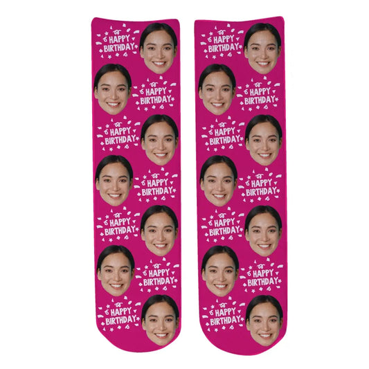 Personalised Face Socks - Happy Birthday Dark Pink