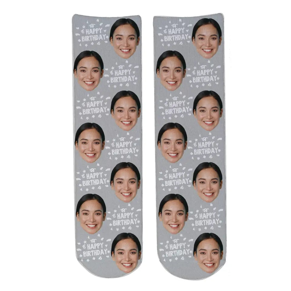 Personalised Face Socks - Happy Birthday Grey